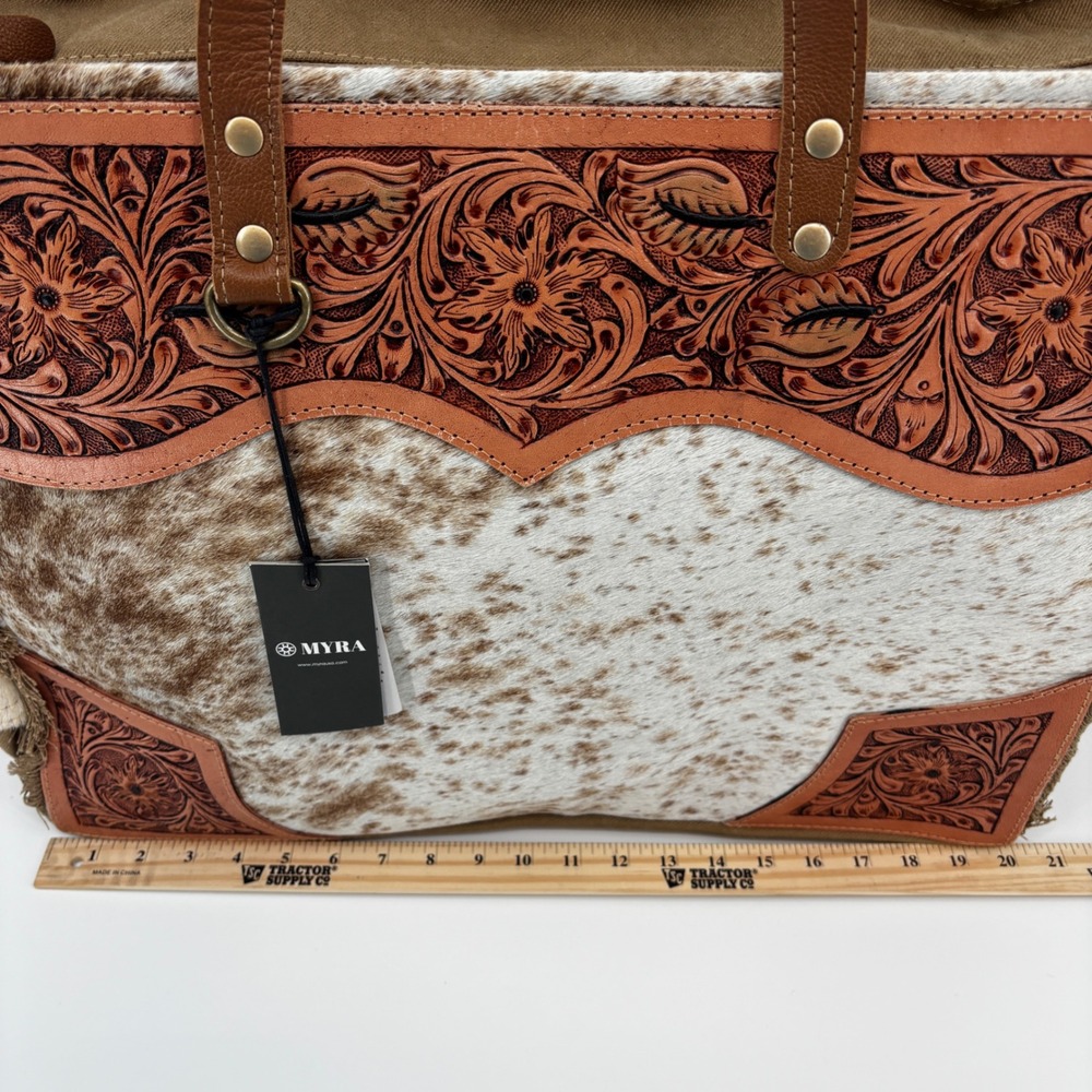 Myra Cartwright Hand Tooled Bag Women Large Tan White Cowhide Western Tote 14562 - Picture 2 of 13